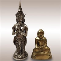 Pair Of Thai Statues, Cast Brass Buddha And A Cast