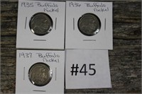 3 Buffalo Head Nickels 1935, 1936, 1937