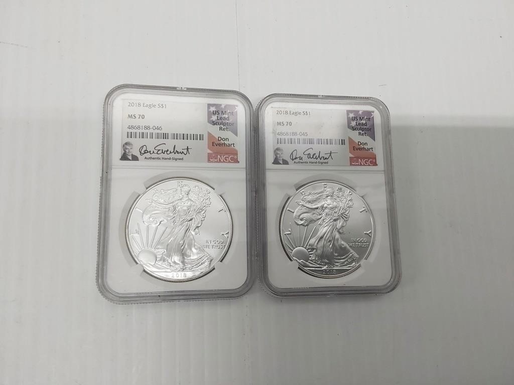 (2) 2018 silver eagles, MS 70
