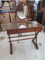 WOODEN VANITY TABLE WITH MIRROR AND GLASS TOP