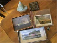 assorted framed pictures coasters statue pewter