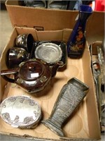 VINTAGE TEAPOT, SILVERPLATE JEWELRY BOX W/COINS