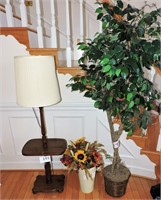 Ficus Tree, Floor Lamp, Silk Flower Arrangement