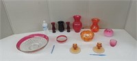 CARNIVAL GLASS & COLORED VASES,CANDLE HOLDERS ETC.