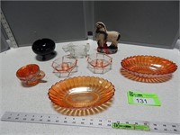 Candle holders, chalkware, carnival glass, dog can