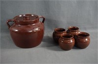 Brown Glaze Stoneware Bean Pot & 4 Bean Bowls
