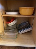 Contents of Kitchen Cupboard-Glass Baking Dishes,