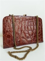 VINTAGE HANDBAG BROWN EMBOSSED CROC LEATHER BAG