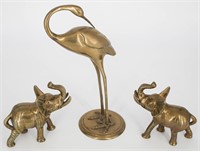 3 Vintage MCM Brass Animals, Two Elephants, Crane