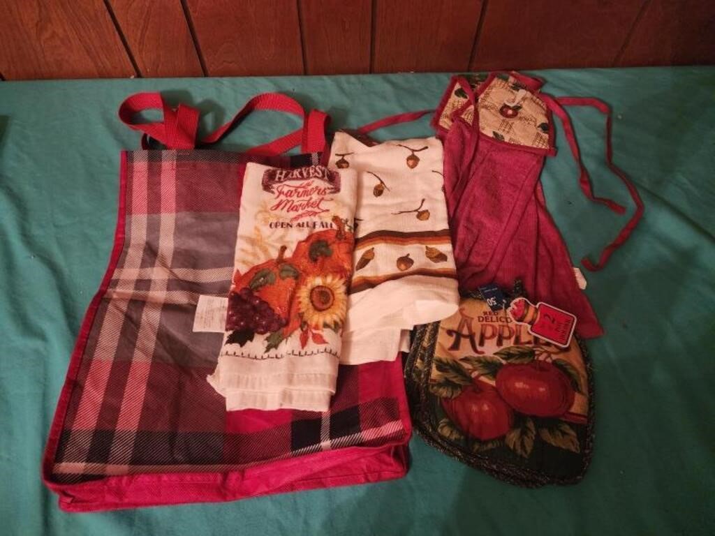 Kitchen towels, apple potholder, reusable plaid