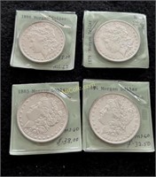 4- UNC Morgan Silver Dollars- 1879, 1884, 1885,