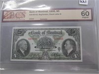 Unc. Graded 1935 Bank of Montreal $5 Paper Money