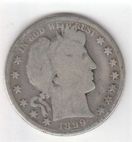 1899 P US Barber Half Dollar Coin 90% Silver