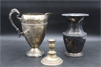 Silver on Copper Pitcher, Vase, Candlestick