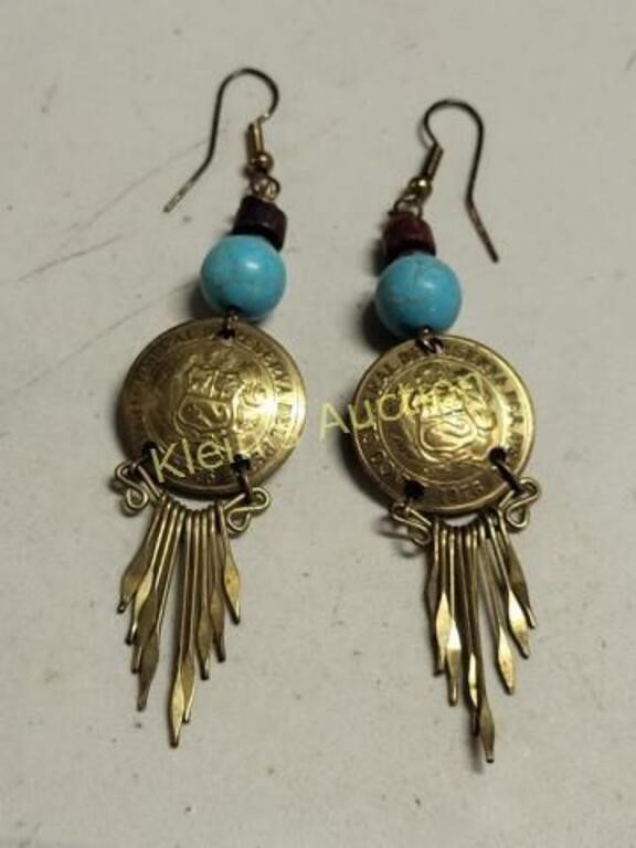 vtg pair of coin & turquoise earring native ameri