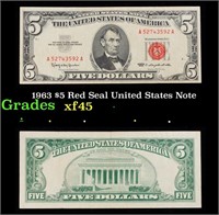 1963 $5 Red Seal United States Note Grades xf+