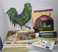 (3) Books on Germany, Cockatiel Book,Metal Rooster