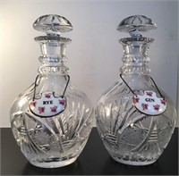 PAIR CRYSTAL DECANTERS WITH CERAMIC LABELS