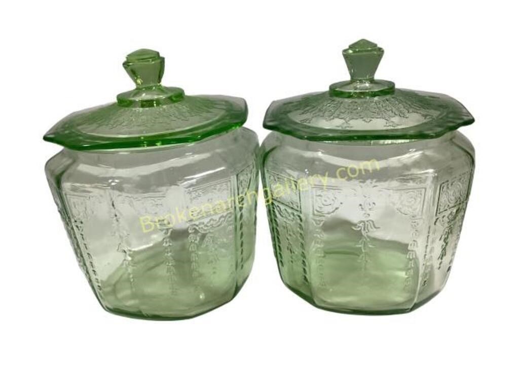 Two Green Depression Glass Cookie Jars