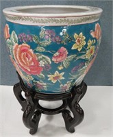 Large Jardiniere Chinese Fish Bowl Planter w Stand
