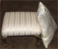 Vtg Brass Legged White Striped Upholstery Stool+