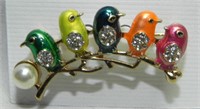 Cute Gold Tone Enameled Birds on a Branch Pin