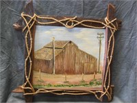 Oil Painting in Rustic Wood & Rope Frame