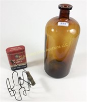 Lot: 3 vintage items, amber bottle, jar lifter,