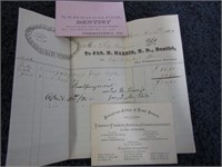 1874 DENTIST BILL, 1880 PA DENTIST COLLEGE CARD &