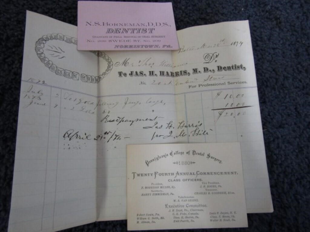 1874 DENTIST BILL, 1880 PA DENTIST COLLEGE CARD &