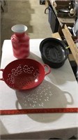 Enamel cooking pot, strainer, decorative creamer