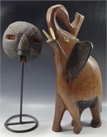 2 AFRICAN WOODEN FIGURES 1 ELEPHANT AND SMALL MASK