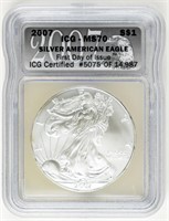 Coin 2007 Silver Eagle 1st Day Issue-ICG-MS70