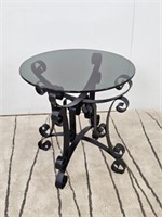 WROUGHT IRON ORNATE SIDE TABLE WITH SMOKE GLASS