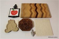 6 Pc Lot - Cutting Board, Cookie Mold & Trivets