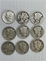 9 Different Date 1919 & 1920's Silver Merc Dimes