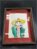 Framed water color of a young boy with burlap matt