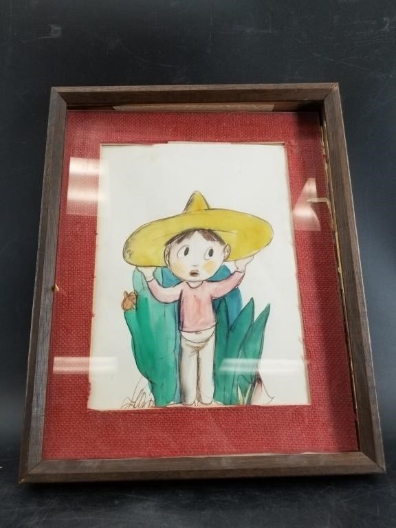 Framed water color of a young boy with burlap matt