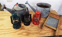 Sprinkler Cans, Lanterns, & Washboard