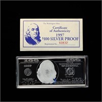 1997 $100 Franklin Silver Bar Proof 4 Troy Oz of .