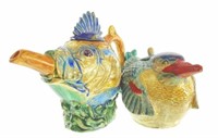 Chinese Teapot Ceramic Stoneware Bird & Fish