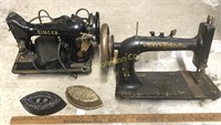 LOT 2 ANTIQUE IRONS + 2 SEWING MACHINES & MISC.