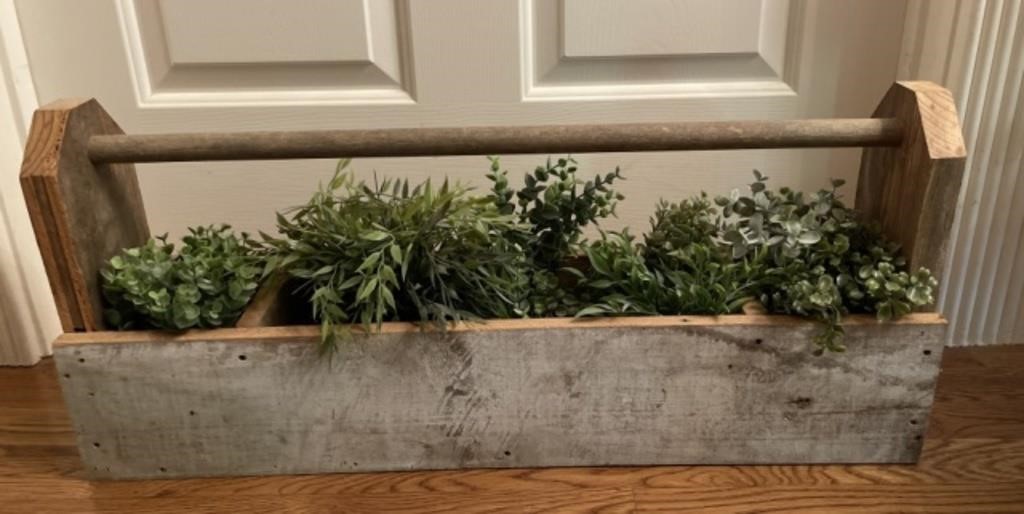 Faux Greenery in Wooden Tool Box