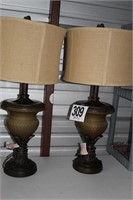 (2)Bronze Table Lamps w/Burlap Shades- 33"Tall