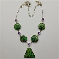 925 SILVER MOHAVE GREEN STONE & AMETHYST NECKLACE