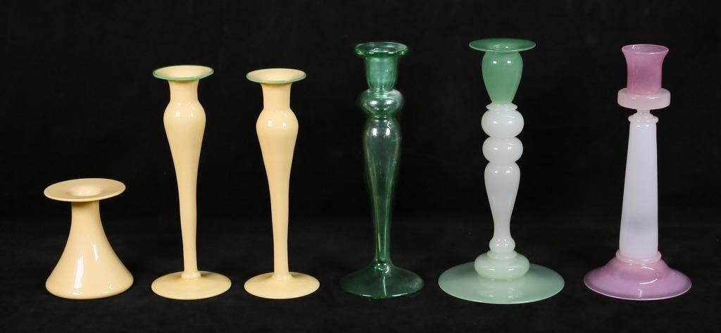 6 Art Glass Candlesticks Including Steuben