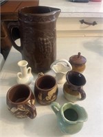 Ceramic pitchers, mugs, mini vase & basket