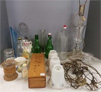 Group including glassware, lamp parts, pottery,