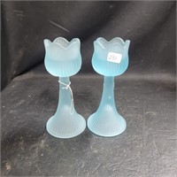 Frosted Blue Tulip Candle Holders