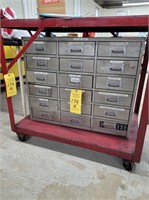 18 DRAWER CABINET & CONTENTS, METAL ROLLER CART